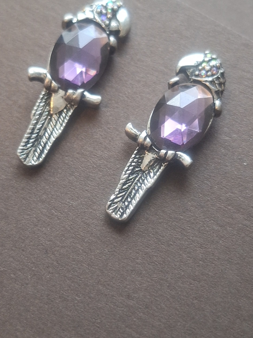 1" Chico's Silver Parrot Earrings with Purple Gem - Picture 4 of 5